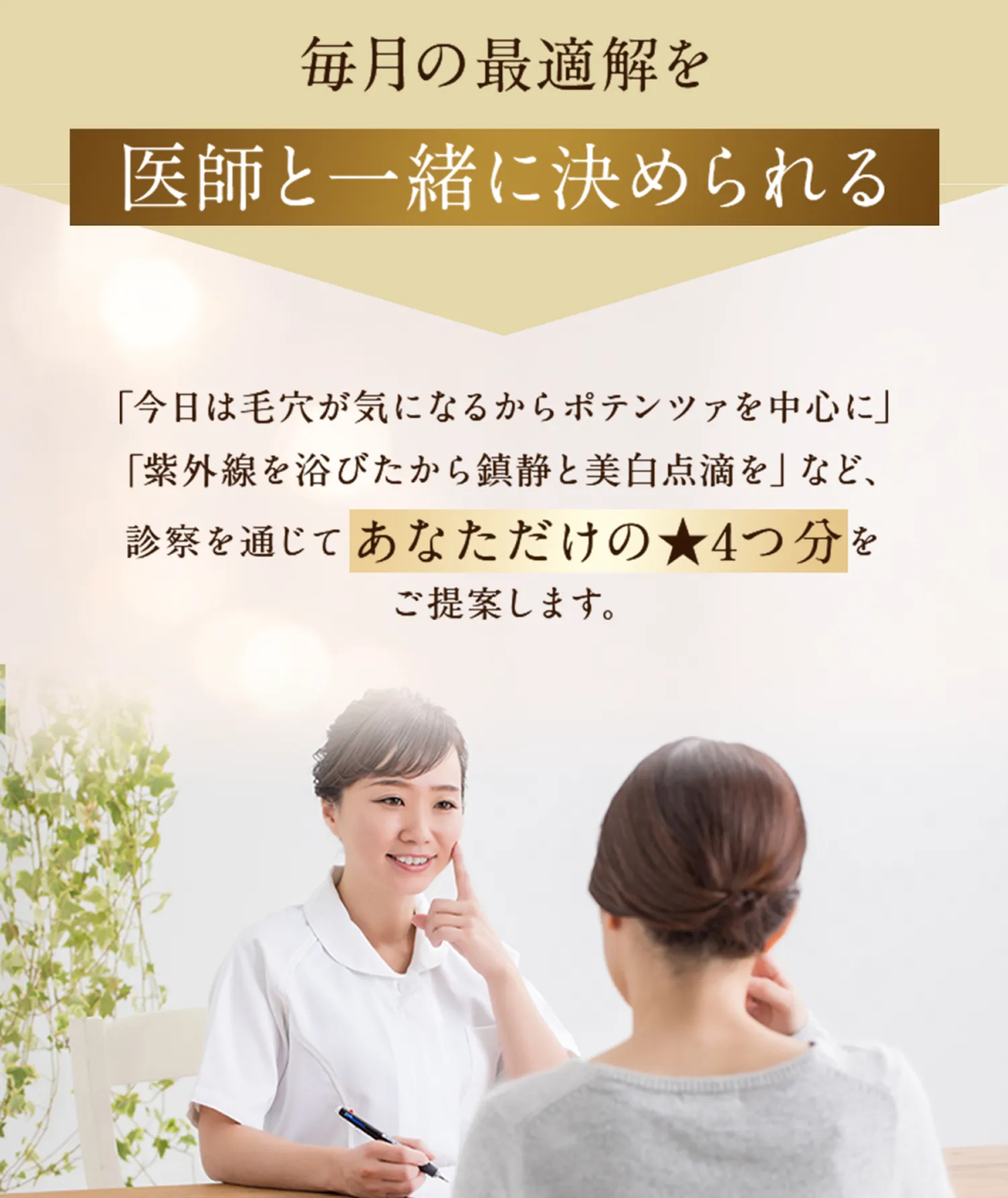 毎月の最適解を医師と一緒に決められる。
「今日は毛穴が気になるからポテンツァを中心に」 「紫外線を浴びたから鎮静と美白点滴を」など、 診察を通じてあなただけの★4つ分をご提案します。